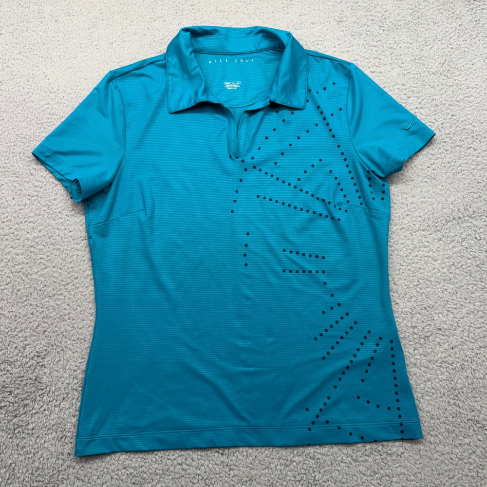 Nike 231278-387 Womens Medium Fit Dry Geometric Dot Teal Polo Shirt Golf Top